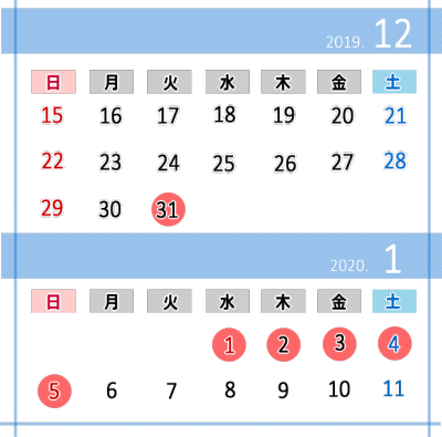 2019～2020銀行正月休みカレンダー
